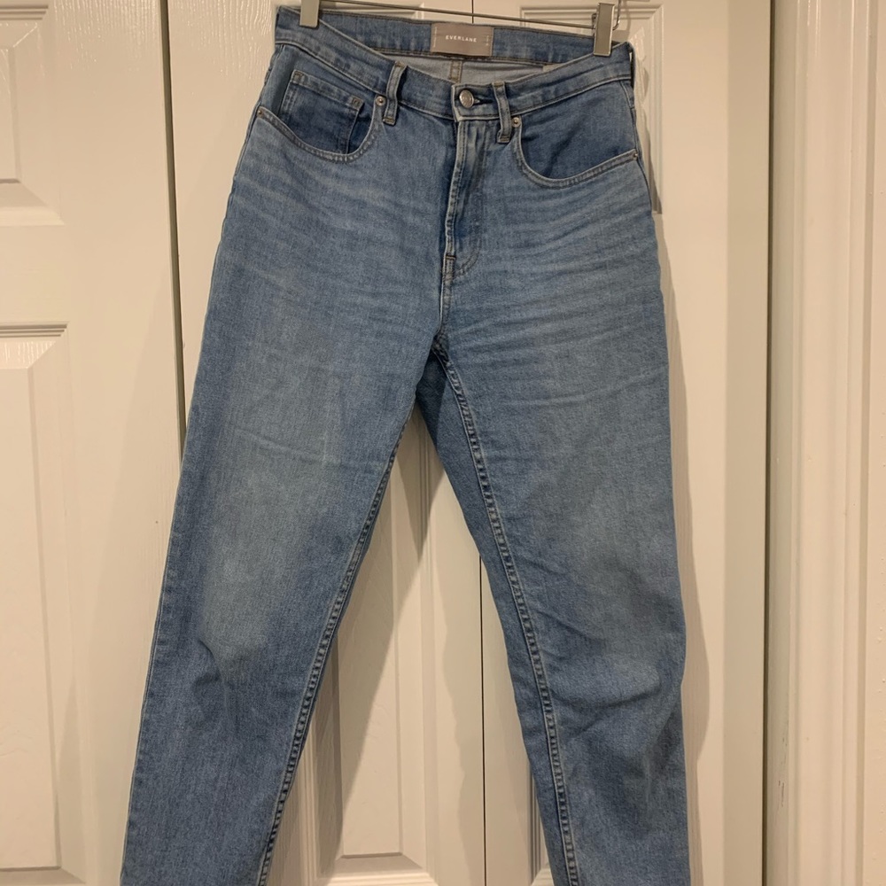 Everlane high rise straight jeans; sky wash; 26
